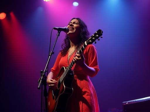 Musician Riya Sharma performing energetically on stage